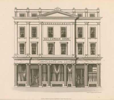 Winkelgevel van Shoolbred en Cooke, Stoffeerders, Tottenham Court Road, Londen door Nathaniel Whittock